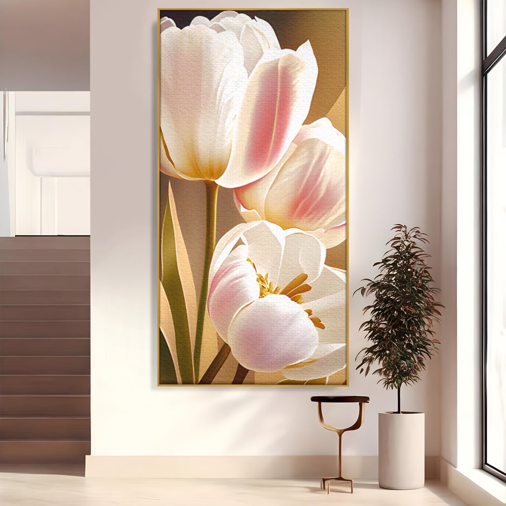Tablou canvas cu tablou canvas cu trei lalele, in rama de aluminiu auriu